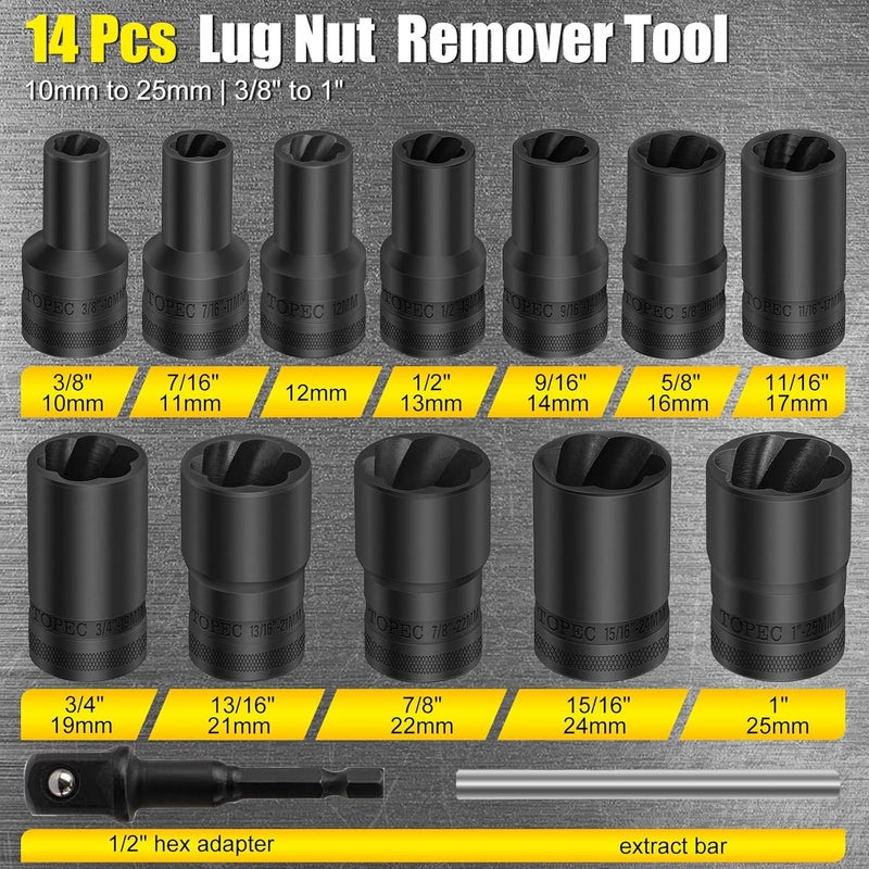 Topec 14PCS Lug Nut Removal Tool, 1/2" Drive Lug Nut Extractor Set, 10-25mm Stripped Lug Nut Remover Socket, Wheel Lock Removal Kit for Damaged, Rusted, Rounded Bolts, Tire Lug Nuts - Image 3